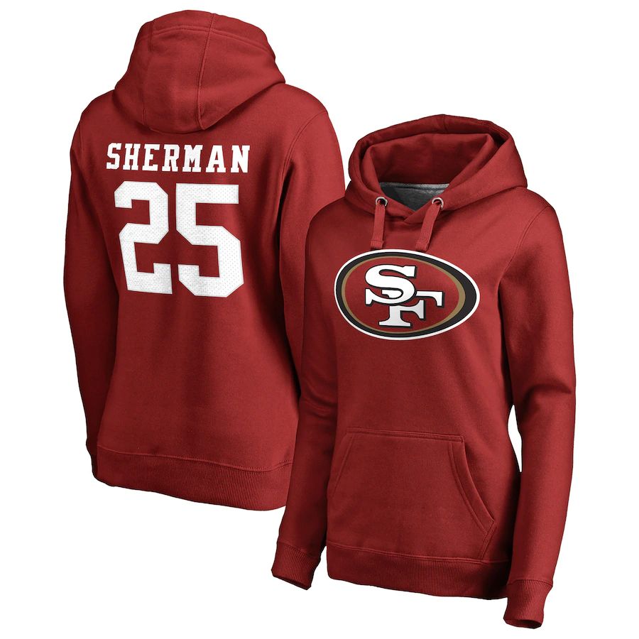 Women San Francisco 49ers 25 Richard Sherman NFL Pro Line by Fanatics Branded Red Player Icon Name & Number Pullover Hoodie